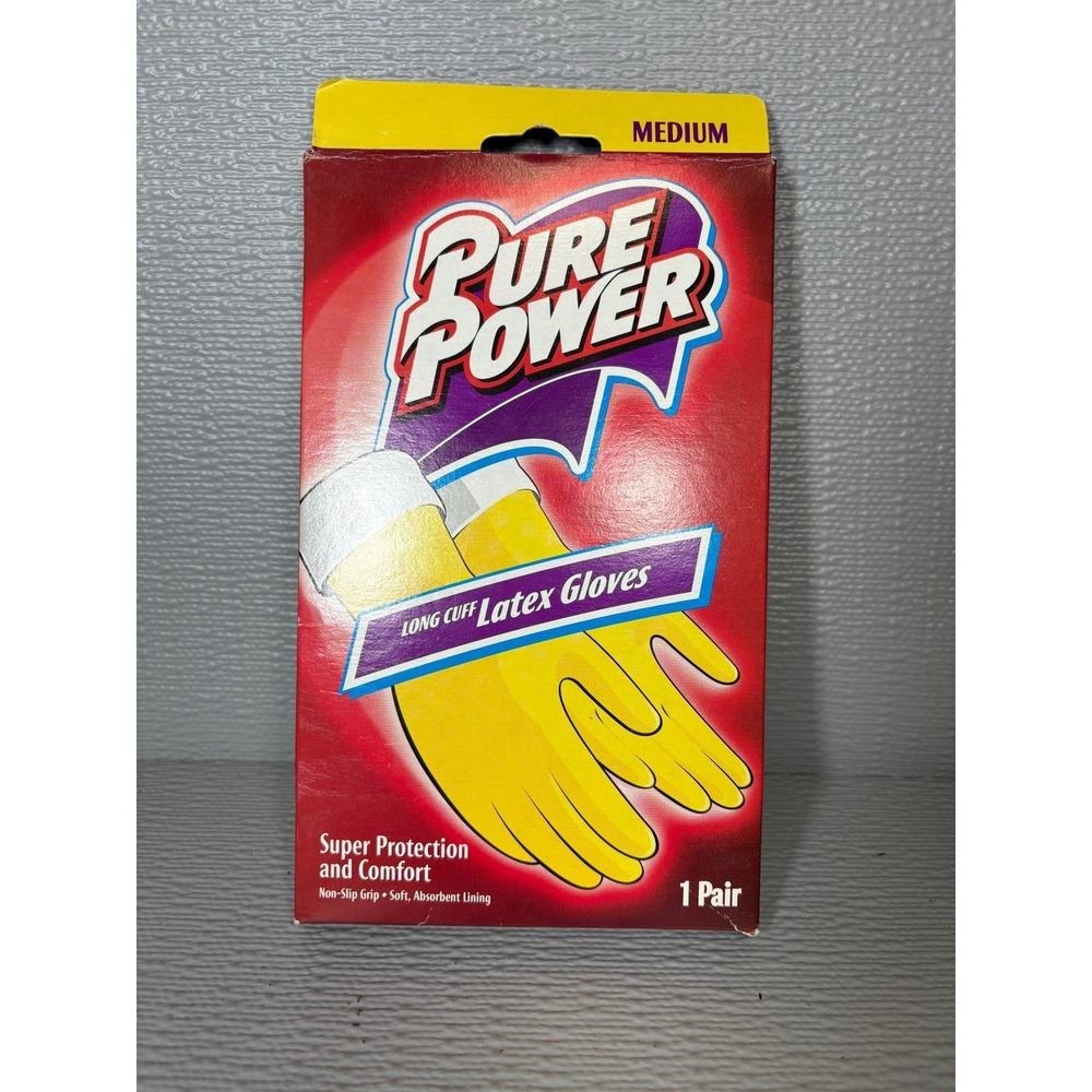 Pure Power Long‎ Cuff Latex Gloves Yellow Medium Non-Slip Grip 1 Pair NEW